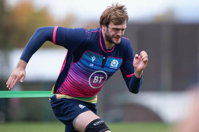 Richie Gray is put through his paces during a Scotland training session at Oriam on Friday. Picture: Craig Williamson/SNS