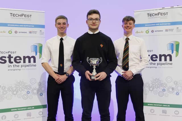 The winning MAPS team from Meldrum Academy, from left: S6 pupils Finn Hilton, Oliver Rudeck and Jack Somerville. (Pic Ross Johnston/Newsline Media)