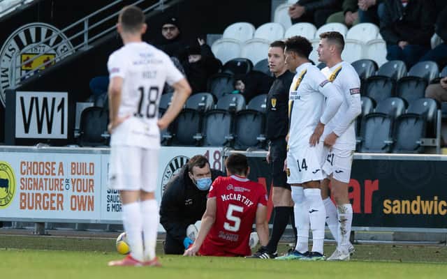 St Mirren's Conor McCarthy is forced off injured in the 1-1 draw with Livingston at the SMISA Stadium last weekend. (Photo by Sammy Turner / SNS Group)