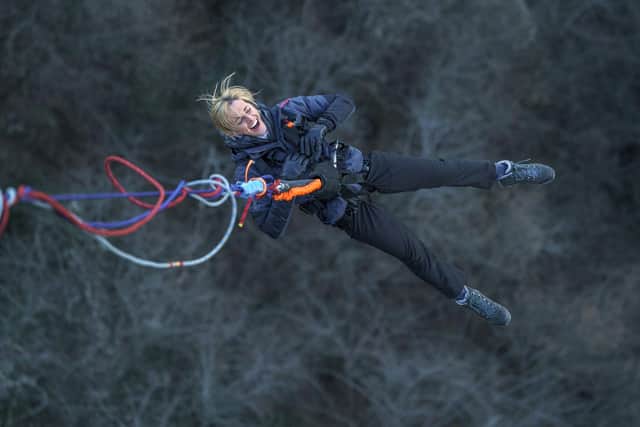 Gaby Logan bungee jumps off a 500 feet high bridge in BBC's Freeze the Fear with Wim Hof. Pic: BBC/Hungry Bear Media/Pete Dadds
