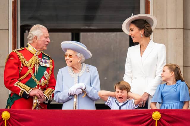 The Prince of Wales, Queen Elizabeth II, Prince Louis, the Duchess of Cambridge and Princess Charlotte on the balcony of Buckingham Palace after the Trooping the Colour ceremony at Horse Guards Parade, central London, as the Queen celebrates her official birthday, on day one of the Platinum Jubilee celebrations. Photo: Aaron Chown/PA Wire