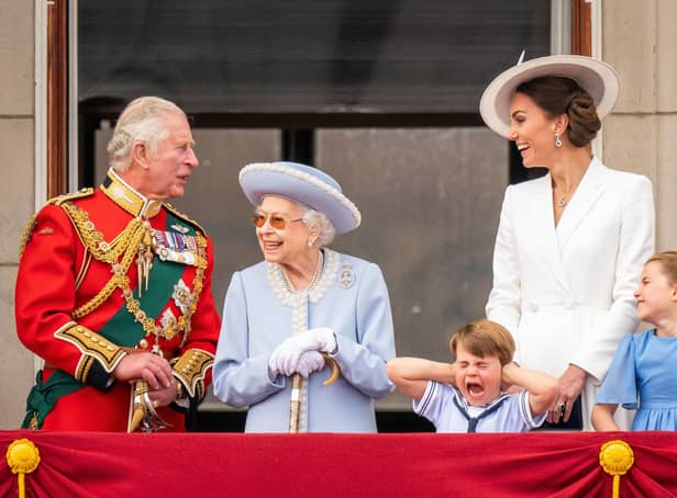 The Prince of Wales, Queen Elizabeth II, Prince Louis, the Duchess of Cambridge and Princess Charlotte on the balcony of Buckingham Palace after the Trooping the Colour ceremony at Horse Guards Parade, central London, as the Queen celebrates her official birthday, on day one of the Platinum Jubilee celebrations. Photo: Aaron Chown/PA Wire