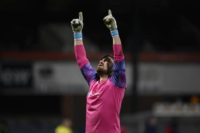 Bonnyrigg Rose goalkeeper Mark Weir celebrates his side going 1-0 up during the Scottish Cup tie with Dundee. The Lowland League side eventually lost 3-2 (Photo by Rob Casey / SNS Group)
