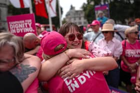 Supporters of assisted dying celebrate after MPs voted in favour of the Terminally Ill Adults (End of Life) Bill last week (Picture: Carl Court/Getty Images)