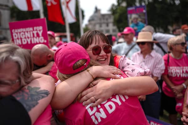 Supporters of assisted dying celebrate after MPs voted in favour of the Terminally Ill Adults (End of Life) Bill last week (Picture: Carl Court/Getty Images)