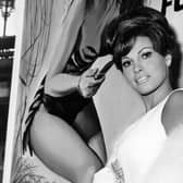 Raquel Welch pictured in London in 1965 in front of a poster  promoting One Million Years BC