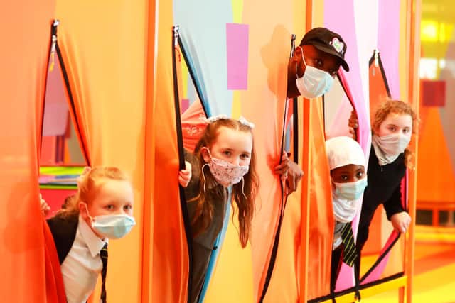 Listening to Joy is a colourful, interactive playscape designed by Yinka Ilori for families of all ages to enjoy. 
This vibrant installation uses pattern, music and colour to shape and inspire joy and delight for kids young and old!