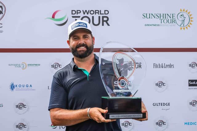 Englishman Matthew Baldwin shows off the trophy after landing his maiden DP World Tour triumph in the SDC Championship St Francis Links. Picture: Carl Fourie/Sunshine Tour.