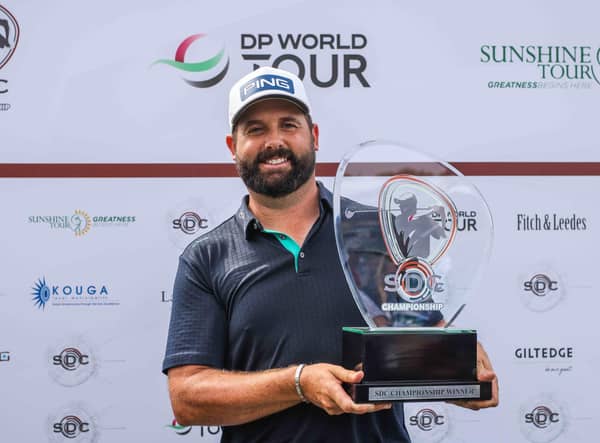 Englishman Matthew Baldwin shows off the trophy after landing his maiden DP World Tour triumph in the SDC Championship St Francis Links. Picture: Carl Fourie/Sunshine Tour.