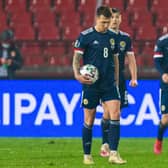 BELGRADE, SERBIA - NOVEMBER 12:  Scotland's Ryan Jack is left dejected after Luka Jovic's equaliser the UEFA Euro 2020 Qualifier between Serbia and Scotland at the Stadion Rajko Mitic on November 12, 2020, in Belgrade, Serbia. (Photo by Nikola Krstic / SNS Group)