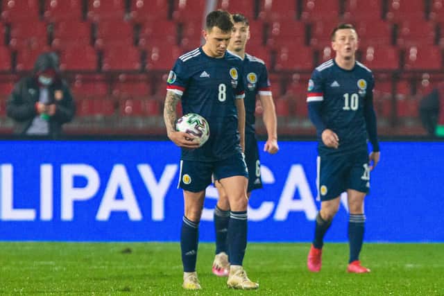 BELGRADE, SERBIA - NOVEMBER 12: Scotland's Ryan Jack is left dejected after Luka Jovic's equaliser the UEFA Euro 2020 Qualifier between Serbia and Scotland at the Stadion Rajko Mitic on November 12, 2020, in Belgrade, Serbia. (Photo by Nikola Krstic / SNS Group)
