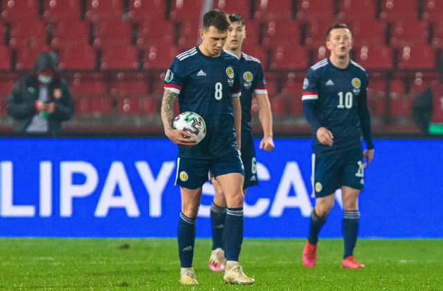 BELGRADE, SERBIA - NOVEMBER 12: Scotland's Ryan Jack is left dejected after Luka Jovic's equaliser the UEFA Euro 2020 Qualifier between Serbia and Scotland at the Stadion Rajko Mitic on November 12, 2020, in Belgrade, Serbia. (Photo by Nikola Krstic / SNS Group)
