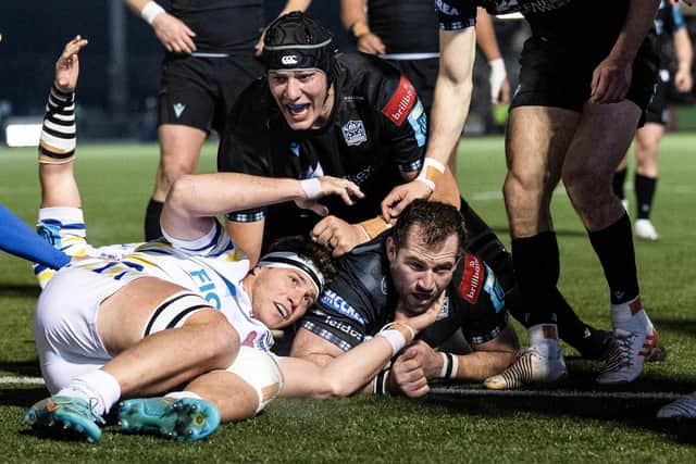 Fraser Brown scores Glasgow's eighth and final try against Zebre Parma at Scotstoun. (Photo by Craig Williamson / SNS Group)