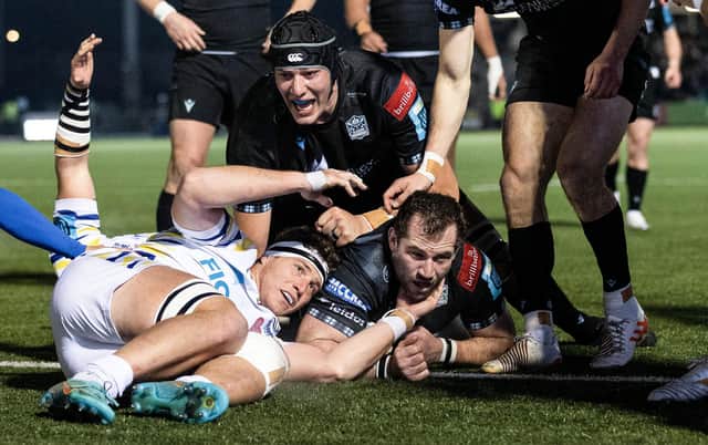 Fraser Brown scores Glasgow's eighth and final try against Zebre Parma at Scotstoun.  (Photo by Craig Williamson / SNS Group)