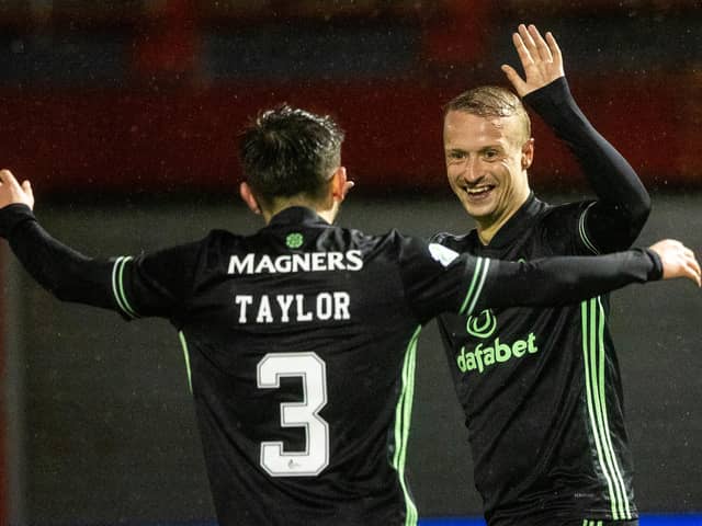 Celtic's Leigh Griffiths celebrates with Greg Taylor after scoring to make it 2-0 in Hamilton. (Photo by Craig Williamson / SNS Group)