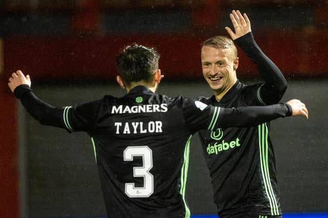 Celtic's Leigh Griffiths celebrates with Greg Taylor after scoring to make it 2-0 in Hamilton. (Photo by Craig Williamson / SNS Group)