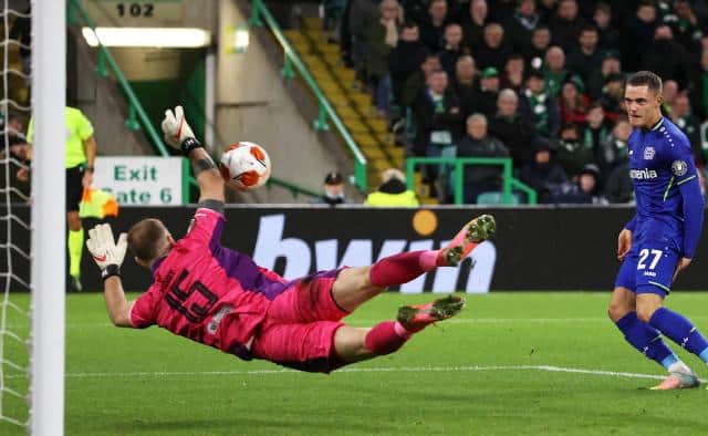 Florian Wirtz scores to make it 2-0 Bayer Leverkusen during a UEFA Europa League group stage match between Celtic and Bayer Leverkusen at Celtic Park, on September 30, 2021, in Glasgow, Scotland. (Photo by Craig Williamson / SNS Group)
