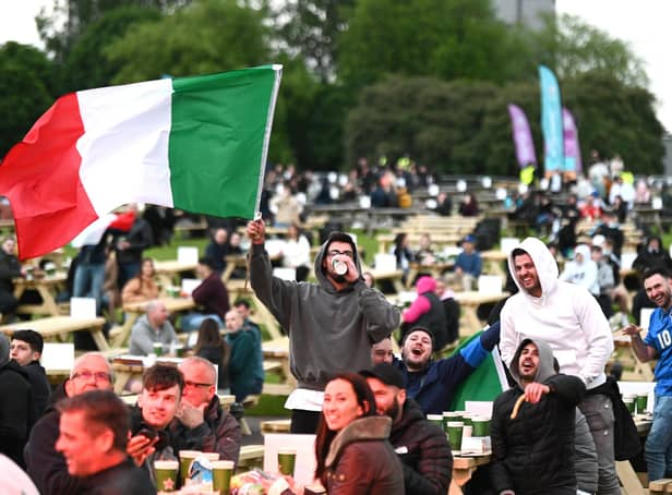 Supporters inside the Glasgow Green fan zone as Italy defeated Turkey 3-0 in the opening game of Euro 2020. Picture: John Devlin