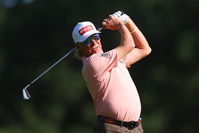 Miguel Angel Jimenez plays his second shot on the 17th hole as he makes his 707th European Tour star on day one of the Hero Open at Marriott Forest of Arden. Picture: Richard Heathcote/Getty Images
