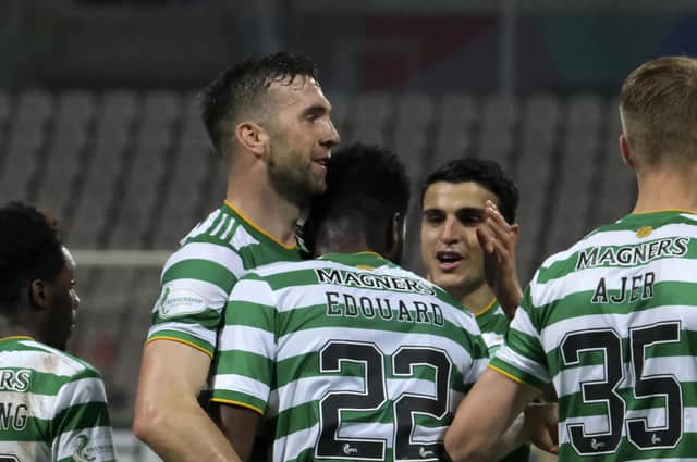 Odsonne Edouard, centre front, celebrates with his Celtic team-mates after scoring his side's opening goal against Sarajevo. Picture: Kemal Softic/AP