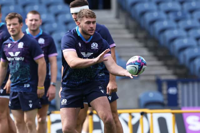 Ollie Smith during a Scotland team run at Scottish Gas Murrayfield. He will start against Georgia on Saturday. (Photo by Craig Williamson / SNS Group)