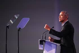 Former US president Barack Obama addresses the COP26 summit in Glasgow. Picture: Christopher Furlong/Getty