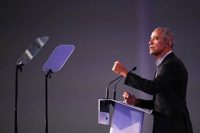 Former US president Barack Obama addresses the COP26 summit in Glasgow. Picture: Christopher Furlong/Getty