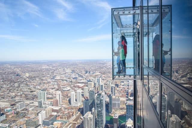 The Ledge at Skydeck Chicago, 103 floors and 1,353ft high on the Willis (formerly Sears) Tower,  looking down at the skyscrapers of bustling Chicago below. Pic: Contributed