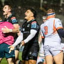 Glasgow Warriors' Stafford McDowall (L) and Sione Tuipulotu celebrate Johnny Matthews try during the win over Edinburgh.
