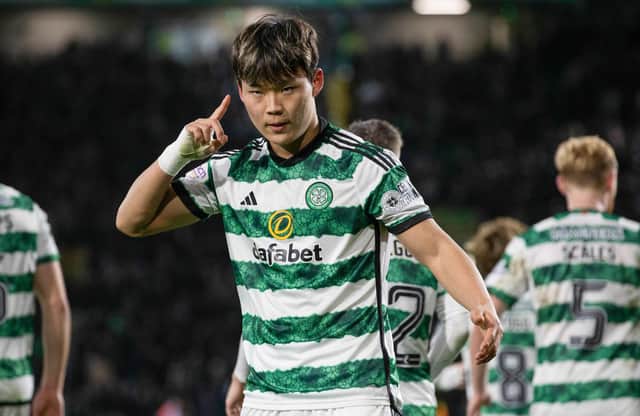 Celtic's Oh Hyeon-gyu celebrates after scoring the winner against St Mirren.  (Photo by Craig Williamson / SNS Group)