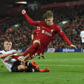 Former Celtic youngster Ben Doak in action on his Liverpool debut during the Carabao Cup win over Derby County at Anfield. (Photo by John Powell/Liverpool FC via Getty Images)