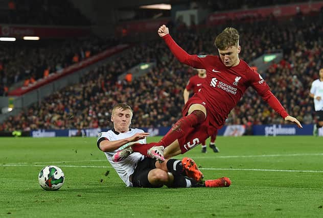 Former Celtic youngster Ben Doak in action on his Liverpool debut during the Carabao Cup win over Derby County at Anfield. (Photo by John Powell/Liverpool FC via Getty Images)
