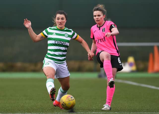 EAST KILBRIDE, SCOTLAND - APRIL 04: Celtic's Keeva Keenan (L) in action with Jo Love of Glasgow City during the SWPL match between Celtic and Glasgow City at K-Park, on April 04, 2021, in East Kilbride, Scotland. (Photo by Craig Foy / SNS Group)