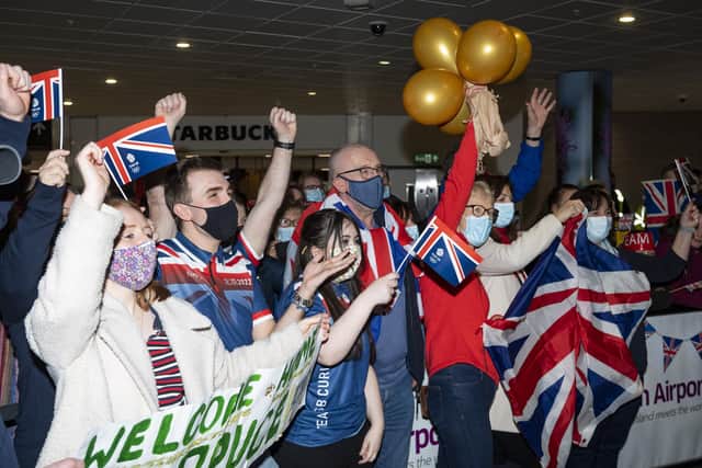 Fans and family welcome the Team GB Curling Team home from the Winter Olympics at Edinburgh Airport.  (Photo by Mark Scates / SNS Group)