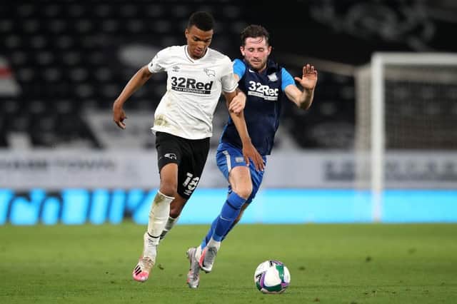 Morgan Whittaker in action for Derby County ahead of his move to Swansea City. (Photo by Alex Pantling/Getty Images)