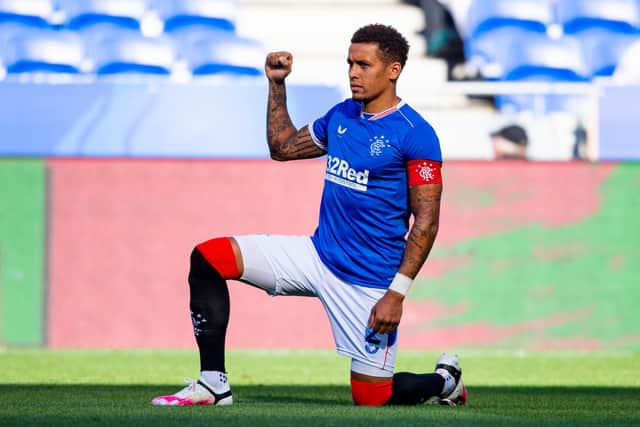 Rangers captain James Tavernier taking the knee prior to a game. Picture: SNS