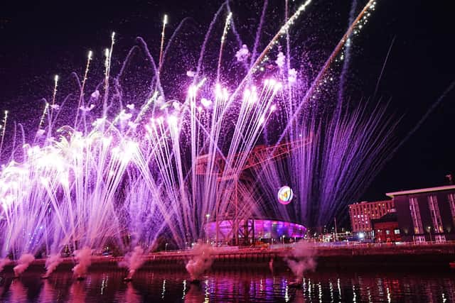 Fireworks in front of the iconic Finnieston Crane during the closing ceremony of the Glasgow 2026 Commonwealth Games.