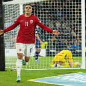 Norway's Mohamed Elyounoussi celebrates after making it 3-3 against Scotland in Sunday's final Euro 2024 qualifier at Hampden. (Photo by Paul Devlin / SNS Group)