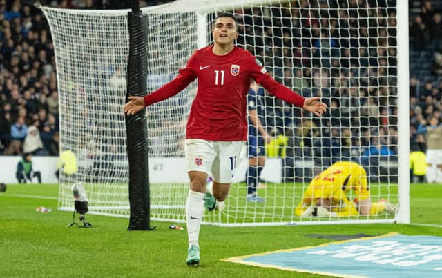 Norway's Mohamed Elyounoussi celebrates after making it 3-3 against Scotland in Sunday's final Euro 2024 qualifier at Hampden. (Photo by Paul Devlin / SNS Group)