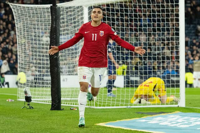 Norway's Mohamed Elyounoussi celebrates after making it 3-3 against Scotland in Sunday's final Euro 2024 qualifier at Hampden. (Photo by Paul Devlin / SNS Group)