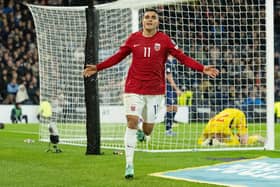 Norway's Mohamed Elyounoussi celebrates after making it 3-3 against Scotland in Sunday's final Euro 2024 qualifier at Hampden. (Photo by Paul Devlin / SNS Group)