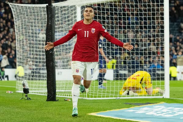 Norway's Mohamed Elyounoussi celebrates after making it 3-3 against Scotland in Sunday's final Euro 2024 qualifier at Hampden. (Photo by Paul Devlin / SNS Group)