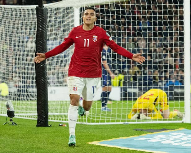 Norway's Mohamed Elyounoussi celebrates after making it 3-3 against Scotland in Sunday's final Euro 2024 qualifier at Hampden. (Photo by Paul Devlin / SNS Group)