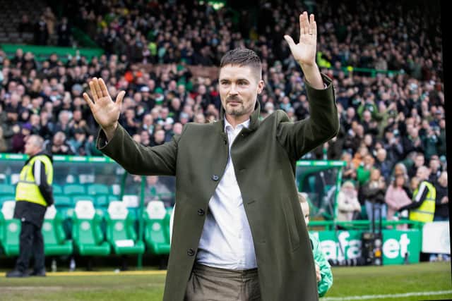 Celtic legend Mikael Lustig is paraded during the half-time interval at Saturday's match against Hibs. (Photo by Alan Harvey / SNS Group)