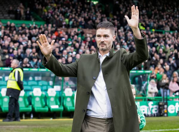 Celtic legend Mikael Lustig is paraded during the half-time interval at Saturday's match against Hibs. (Photo by Alan Harvey / SNS Group)
