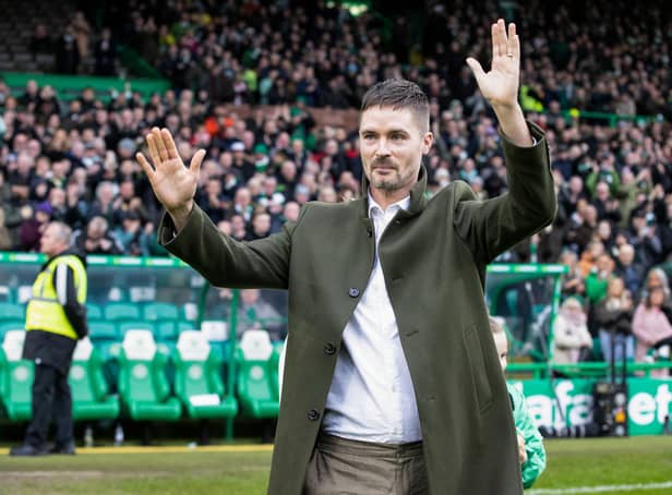 Celtic legend Mikael Lustig is paraded during the half-time interval at Saturday's match against Hibs. (Photo by Alan Harvey / SNS Group)