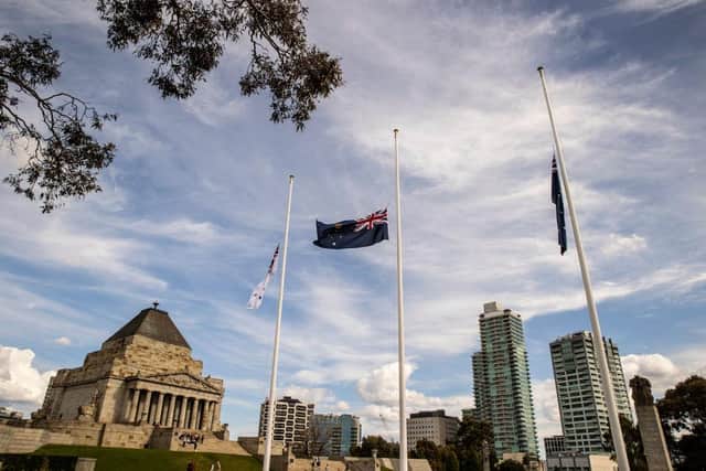 Flags fly at half staff at The Shrine in Melbourne, Australia in meory of Queen Elizabeth II.
