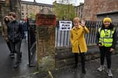 Nicola Sturgeon and candidate Roza Salih outside the polling station at the Annette Street school in Govanhill, Glasgow