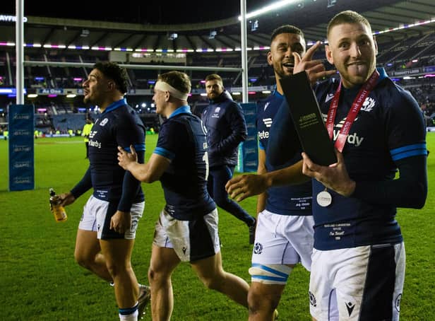 Scotland's Finn Russell with his man of the match award during an Autumn Nations Series match between Scotland and Argentina at BT Murrayfield, on November 19, 2022, in Edinburgh, Scotland. (Photo by Craig Williamson / SNS Group)
