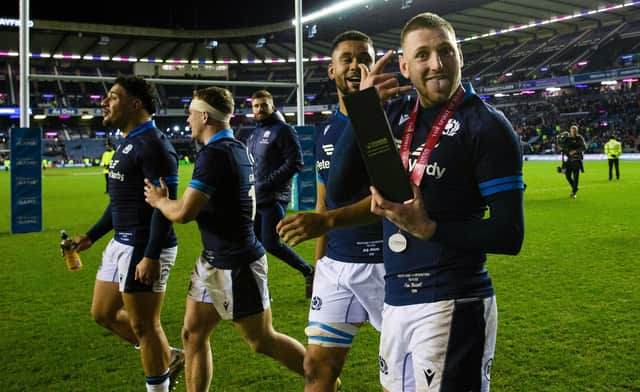 Scotland's Finn Russell with his man of the match award during an Autumn Nations Series match between Scotland and Argentina at BT Murrayfield, on November 19, 2022, in Edinburgh, Scotland. (Photo by Craig Williamson / SNS Group)